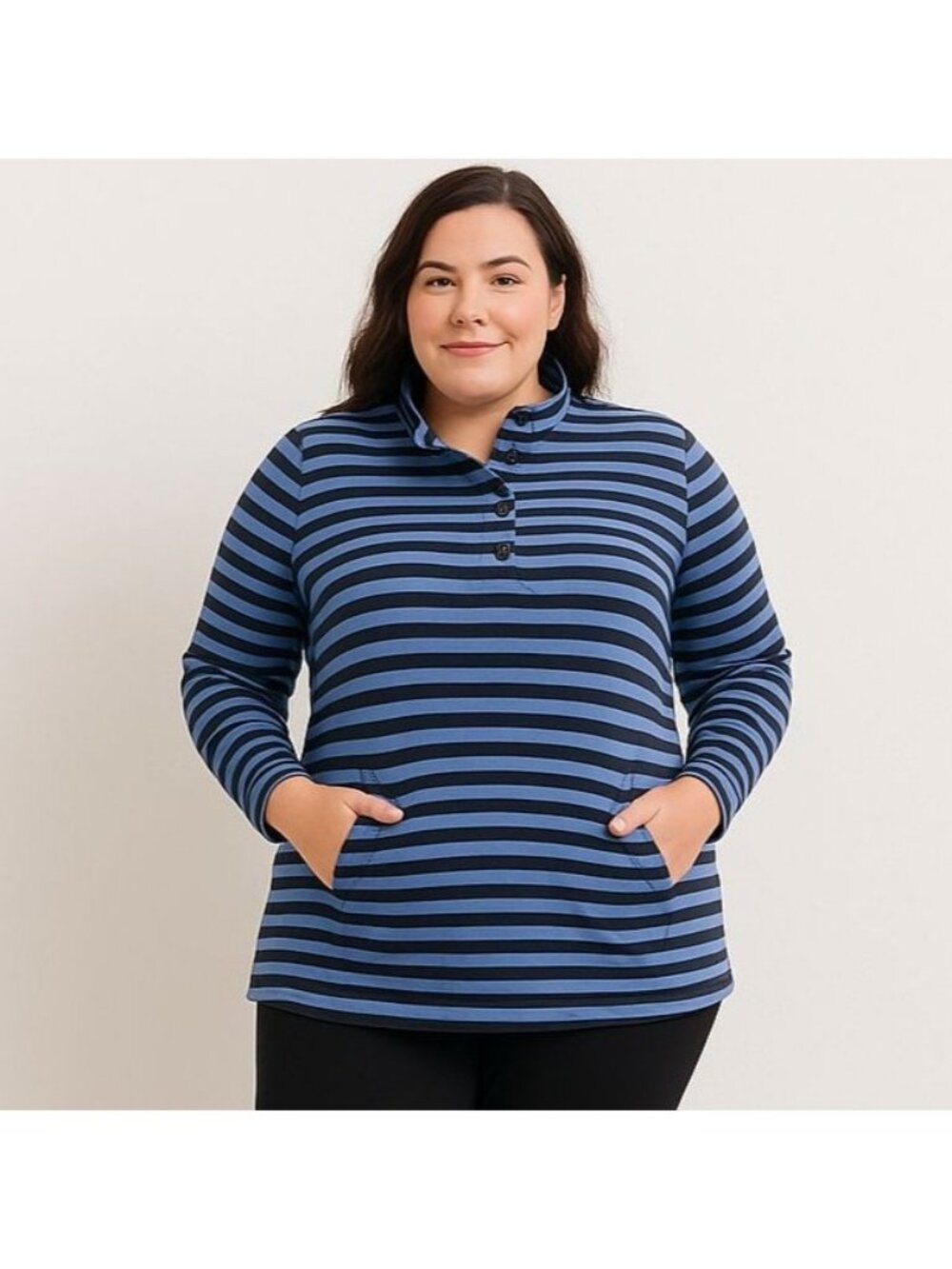 J JIll Fit Womens Elevate Terry Buttoned Popover Blue Stripe Mock Neck Petite L